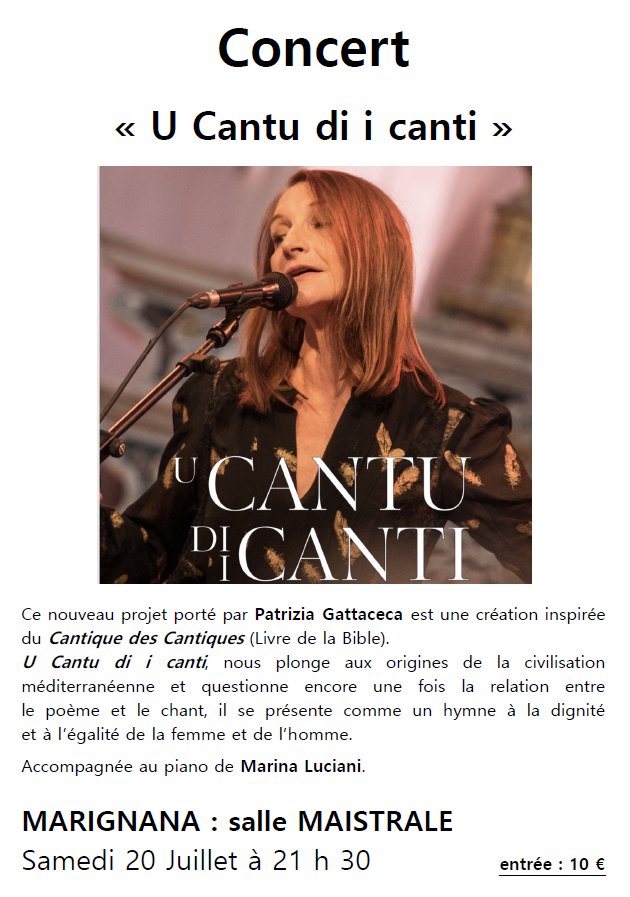 Concert « U Cantu di i canti » avec Patrizia Gattaceca accompagnée au piano par Marina Luciani - Salle Maistrale - Marignana