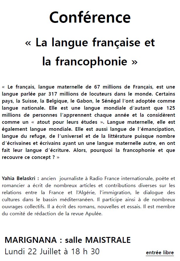 Conférence « La langue française et la francophonie » par Yahia Belaskri - Salle Maistrale - Marignana