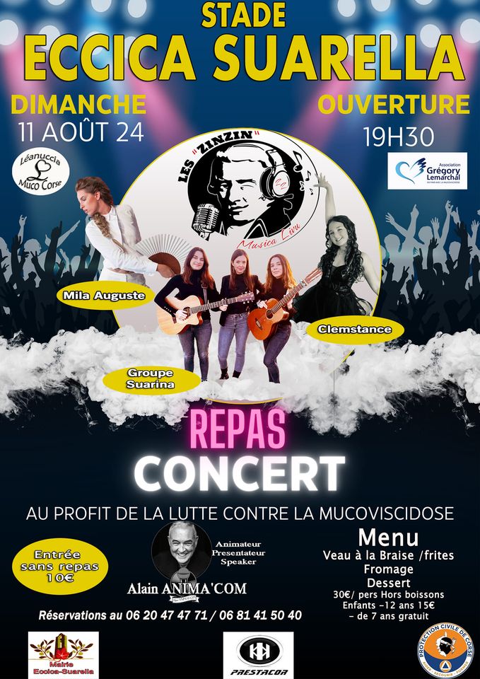 Repas / Concert au profit de la lutte contre la mucoviscidose avec : Mila Auguste, Suarina, Clemstance et les Zinzin - Stade - Eccica è Suaredda