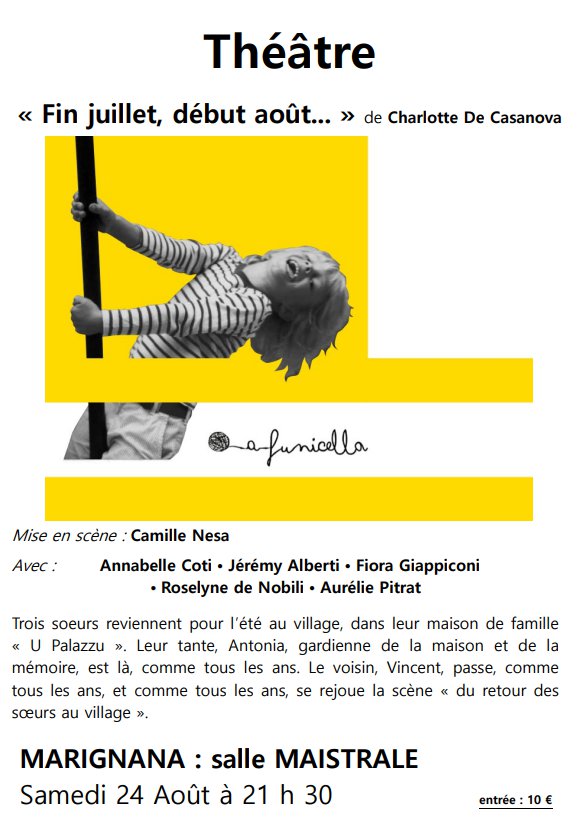 Théâtre « Fin juillet, début août... » de Charlotte De Casanova - Salle Maistrale - Marignana