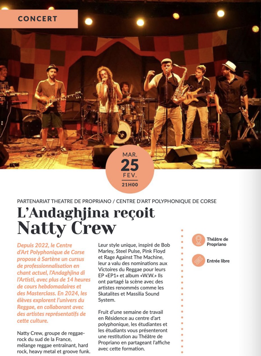 Concert : L'Andaghjina reçoit Natty Crew en partenariat avec le Centre d'Art Polyphonique de Corse - Théâtre - Prupià