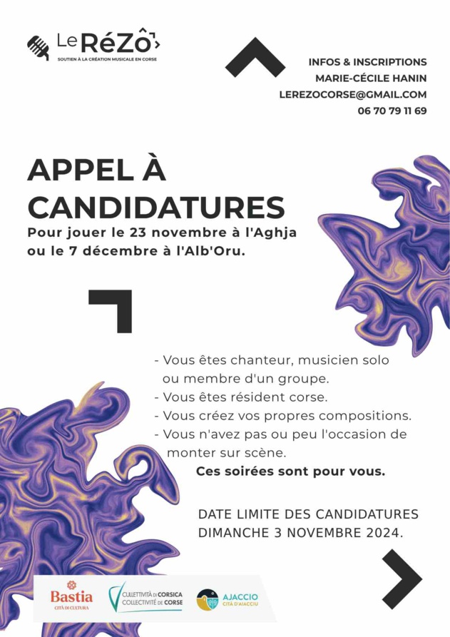 Appel à candidatures proposé par le Rezo pour jouer le 23 novembre à l'Aghja (Aiacciu) ou le 7 décembre à l'Alb'Oru (Bastia)