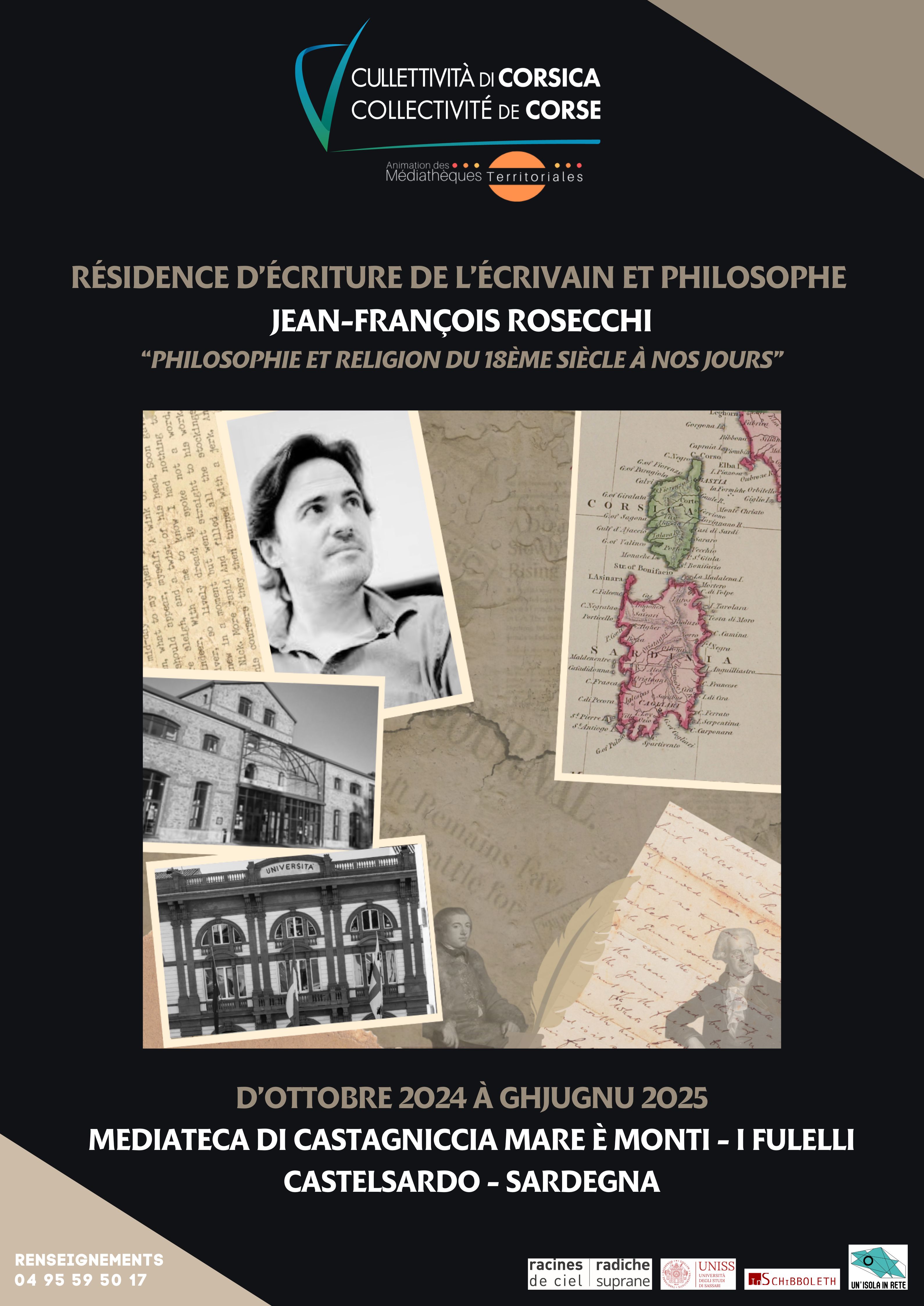 Résidence d’écriture de l’écrivain et philosophe ajaccien Jean-François Rosecchi, partagée entre A Penta di Casinca (Médiathèque de Castagniccia) et Castelsardo en Sardaigne