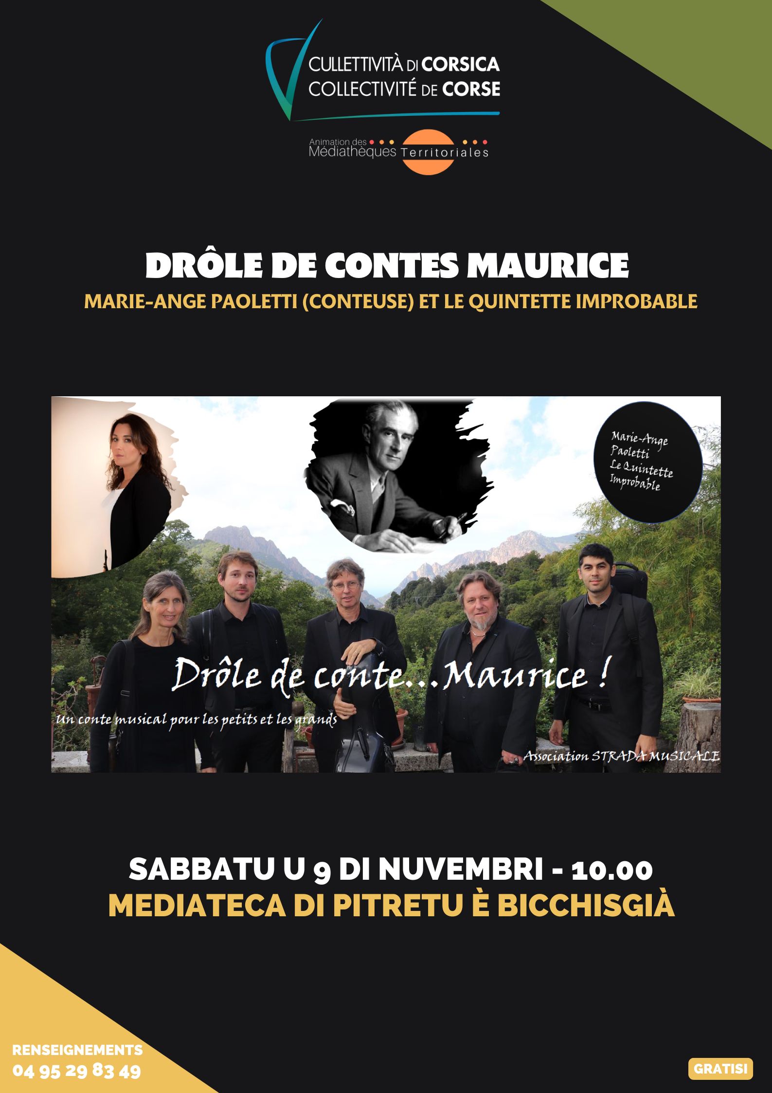 "Drôle de contes Maurice" avec Marie-Ange Paoletti (conteuse) et le Quintette improbable - Mediateca di Pitretu è Bicchisgià