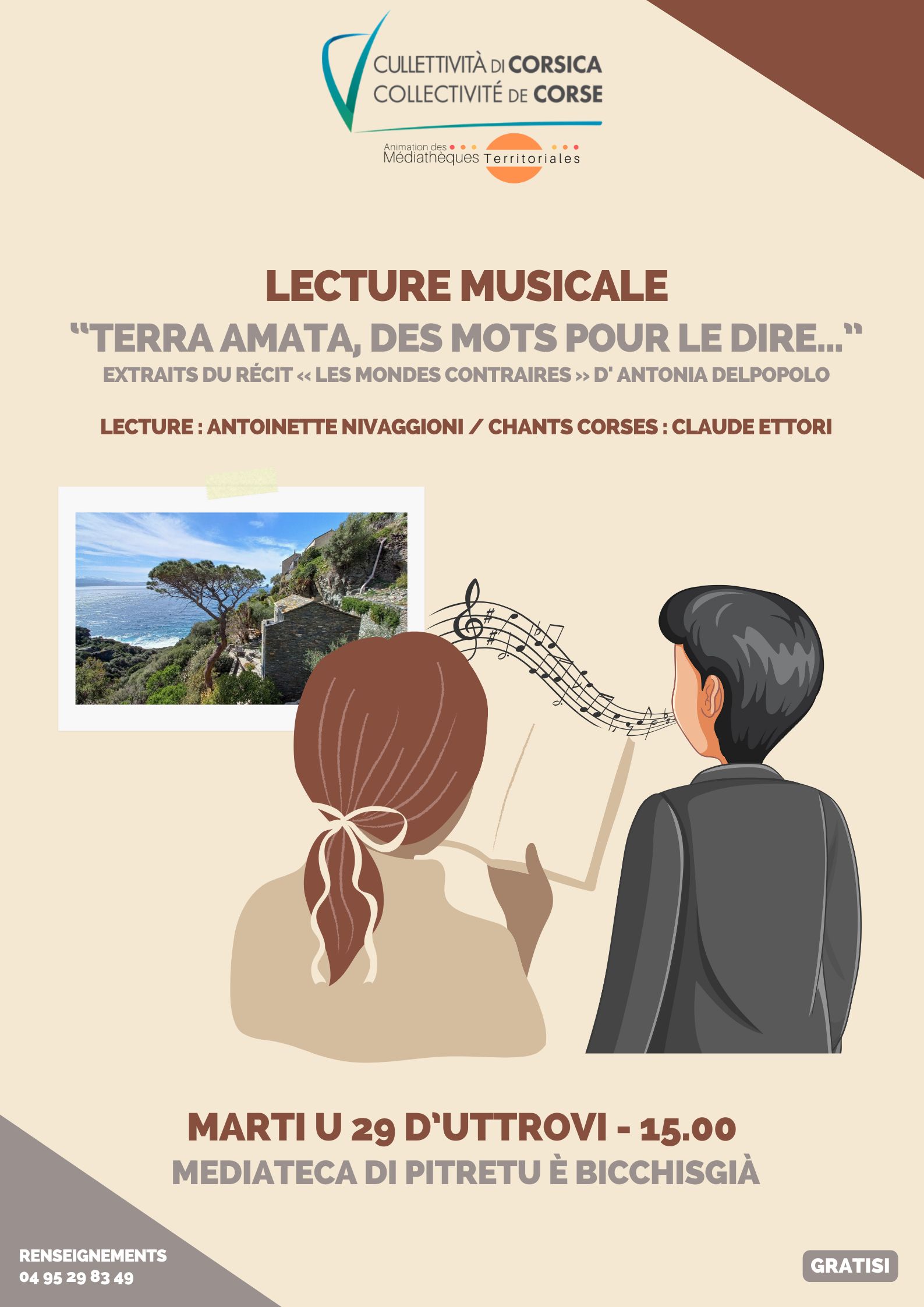 Lecture musicale : "Terra amata, des mots pour le dire...", extraits du récit "Les mondes contraires" d' Antonia Delpopolo - Mediateca di Pitretu è Bicchisgià