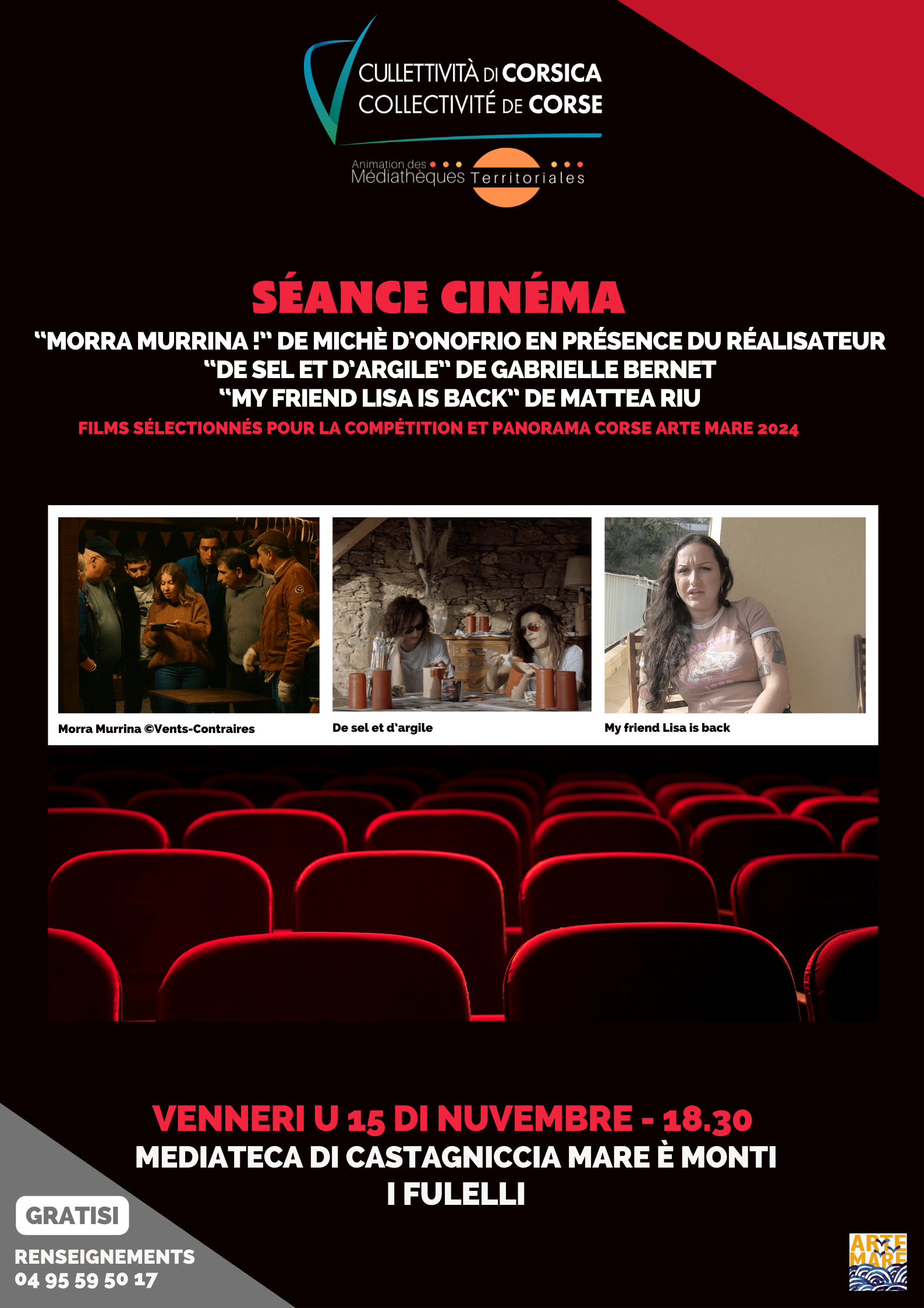 Séance cinéma / Projection des films : "Morra murrina !" de Michè D’Onofrio en présence du réalisateur, "De sel et d’argile" de Gabrielle Bernet et "My friend Lisa is back" de Mattea Riu - Médiathèque de Castagniccia "Mare è Monti" - I Fulelli