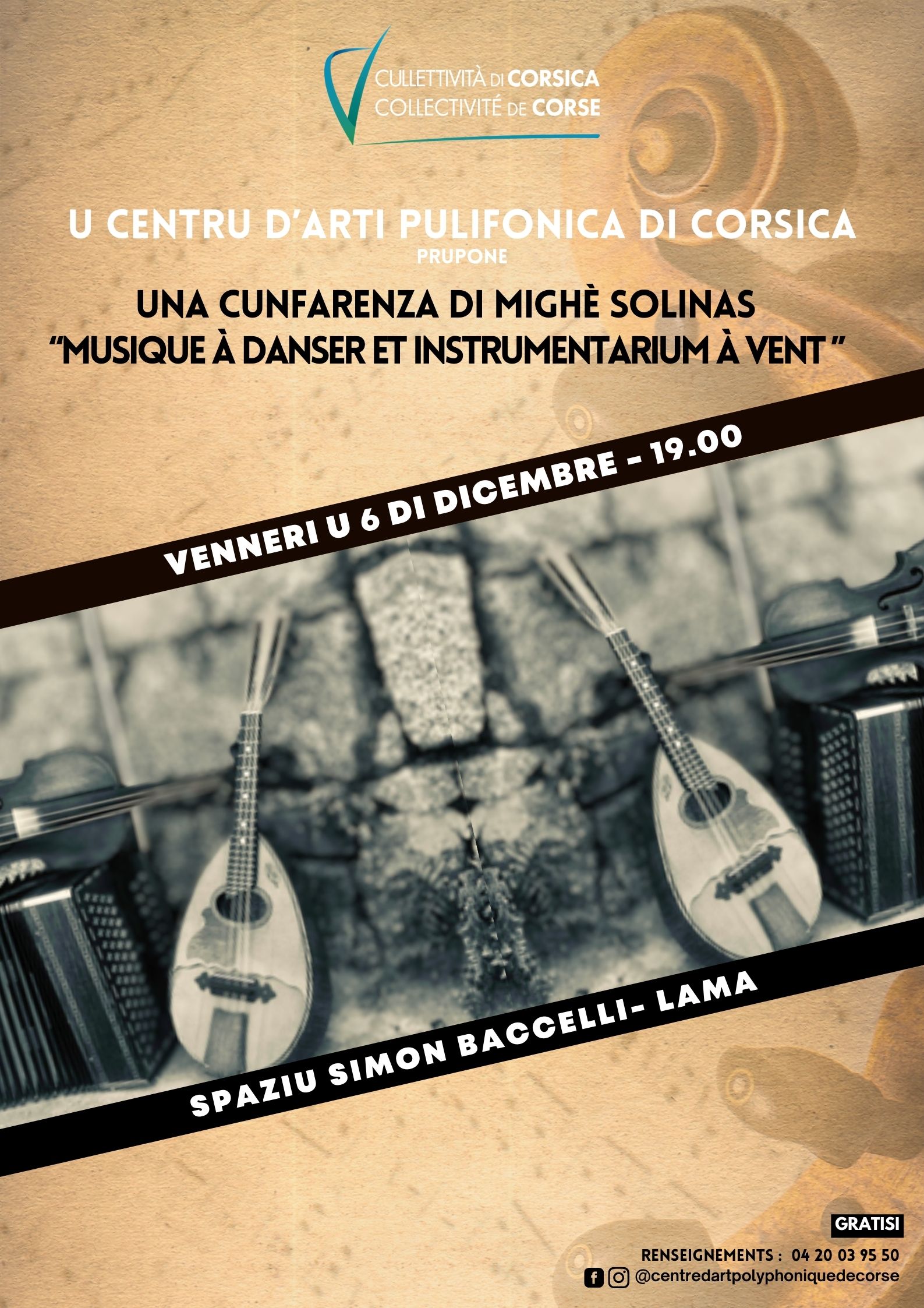 Conférence “Musique à danser et instrumentarium à vent ” par Mighè Solinas proposée par  le Centre d'Art Polyphonique de Corse - Spaziu Simon Baccelli - Lama