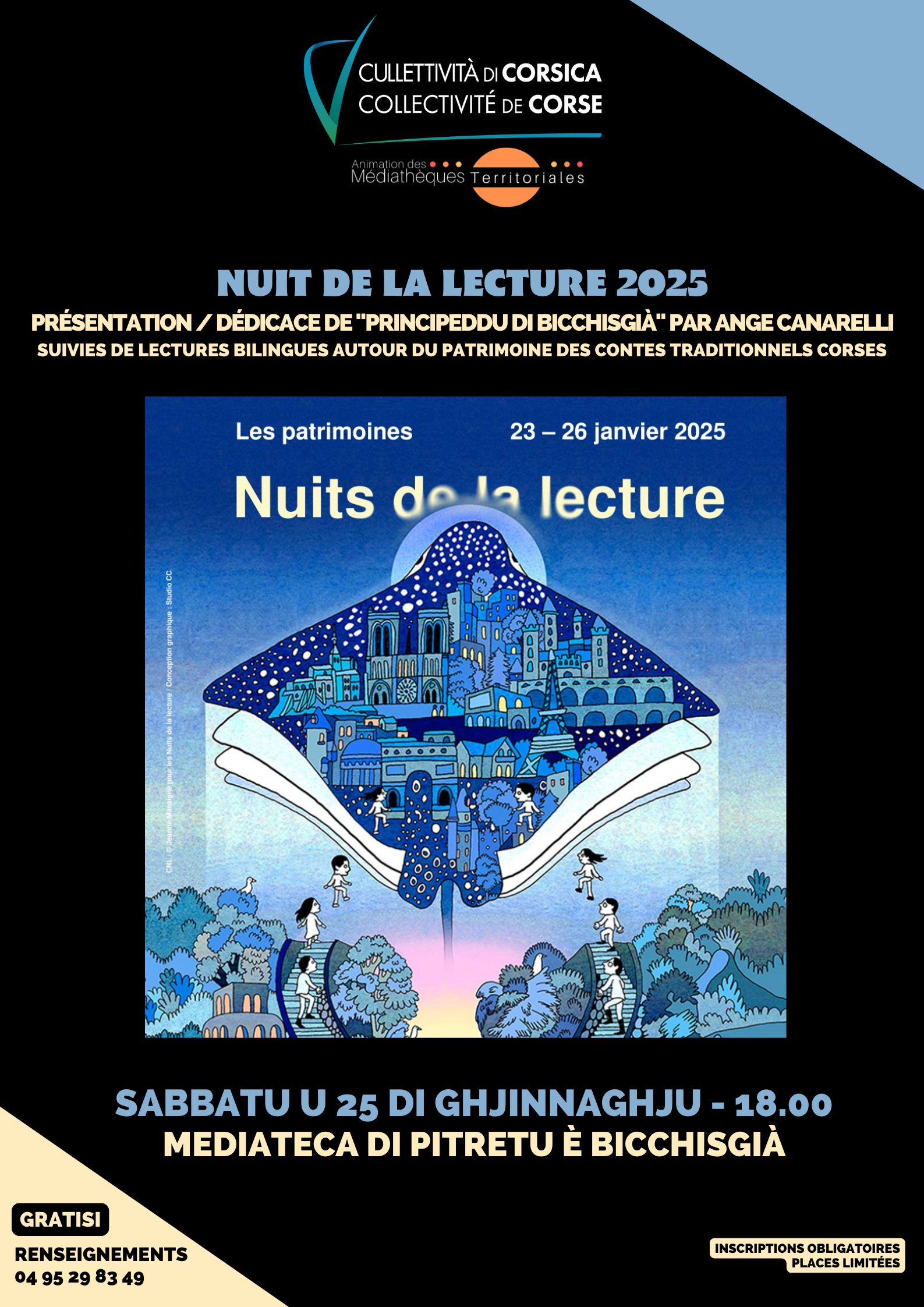 Nuit de la lecture / Présentation-dédicace de "Principeddu di Bicchisgià" par Ange Canarelli, suivies de Lectures bilingues autour du patrimoine des Contes traditionnels corses - Mediateca di Pitretu è Bicchisgià