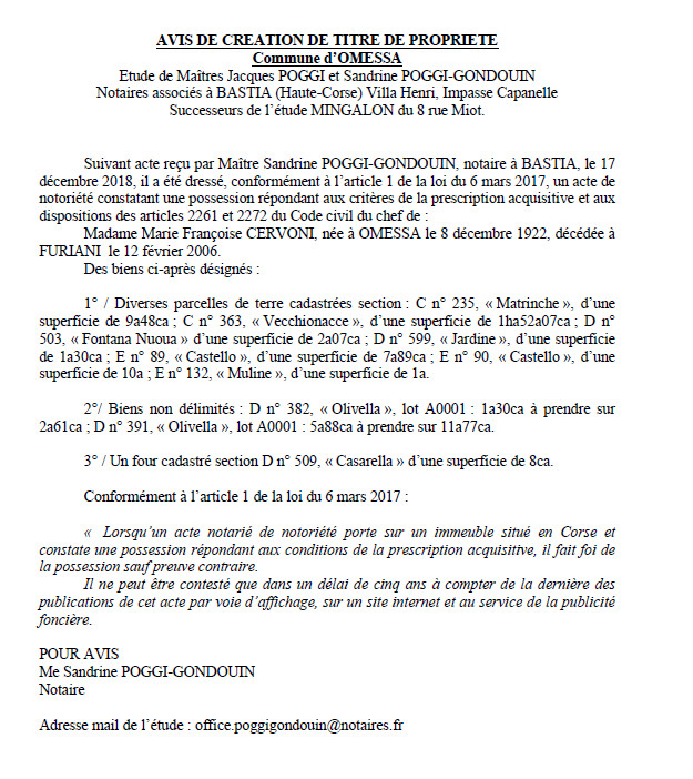 Avis de création de titre de propriété - commune d'Omessa (Haute-Corse)