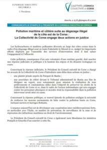 Communiqué du Conseil exécutif de Corse : Pollution maritime et côtière suite au dégazage illégal de la côte est de la Corse : La Collectivité de Corse engage deux actions en justice