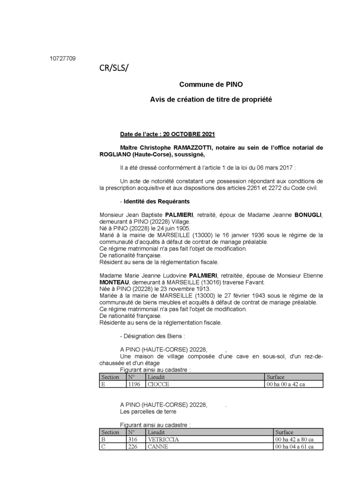 Avis de création de titre de propriété - Commune de Pino (Haute-Corse)
