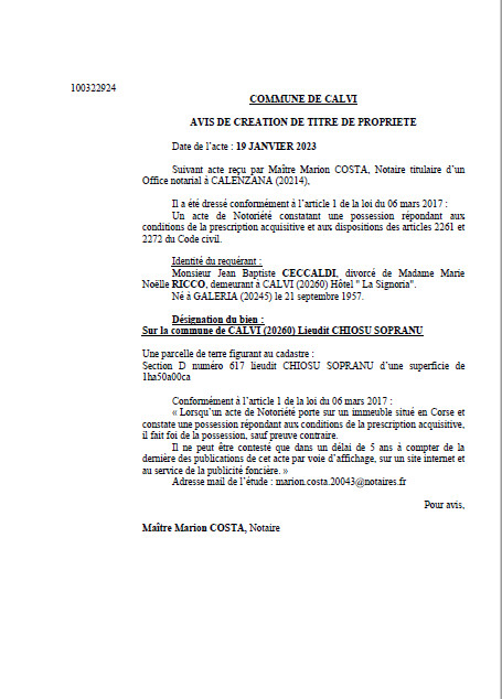 Avis de création de titre de propriété - Commune de Calvi (Haute-Corse)
