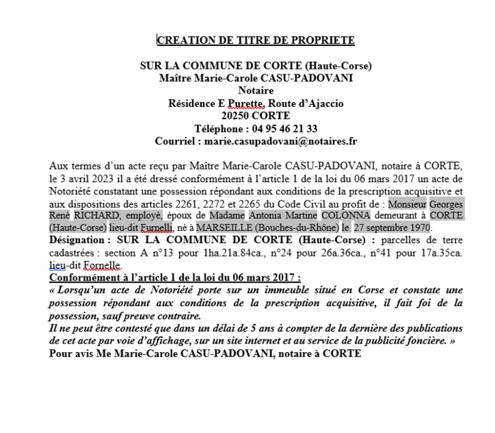 Avis de création de titre de propriété - Commune de Corti (Cismonte)