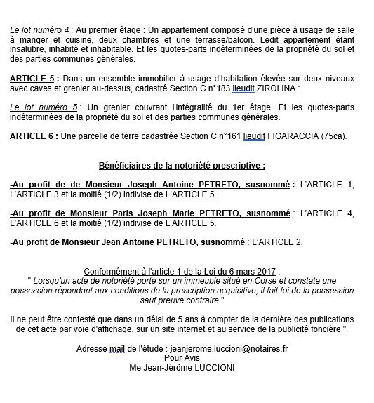 Avis de création de titre de propriété - Commune de Pitretu è Bicchisgià (Pumonti)