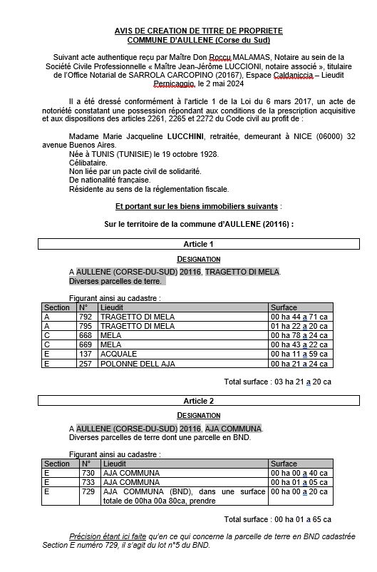 Avis de création de titre de propriété - Commune de Auddè (Pumonti)