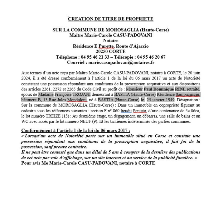 Avis de création de titre de propriété - Commune de Merusaglia (Cismonte)