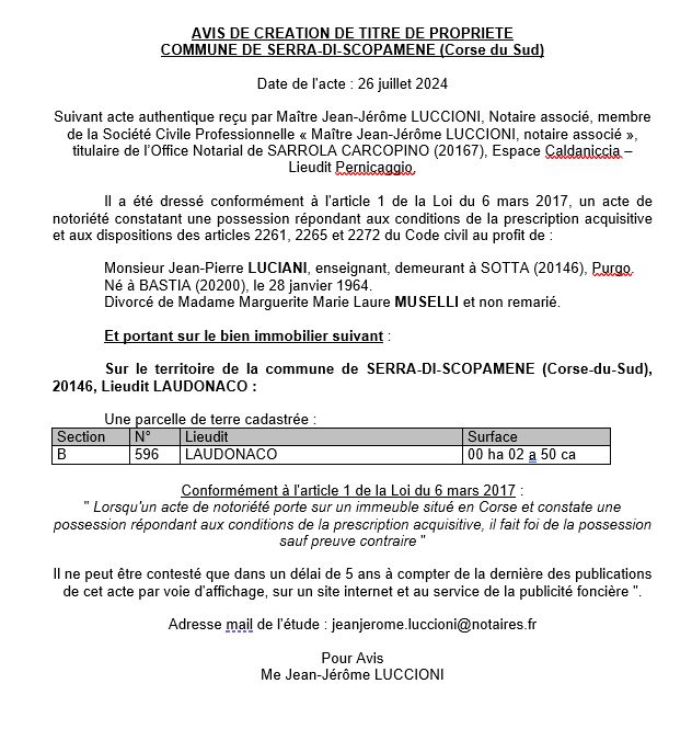 Avis de création de titre de propriété - Commune de A Sarra di Scupamena (Pumonti)