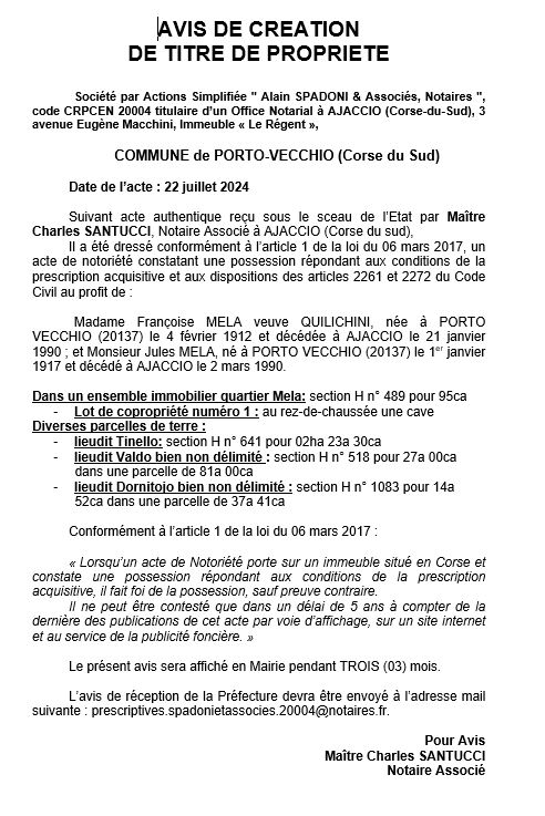 Avis de création de titre de propriété - Commune de Portivechju (Pumonti)