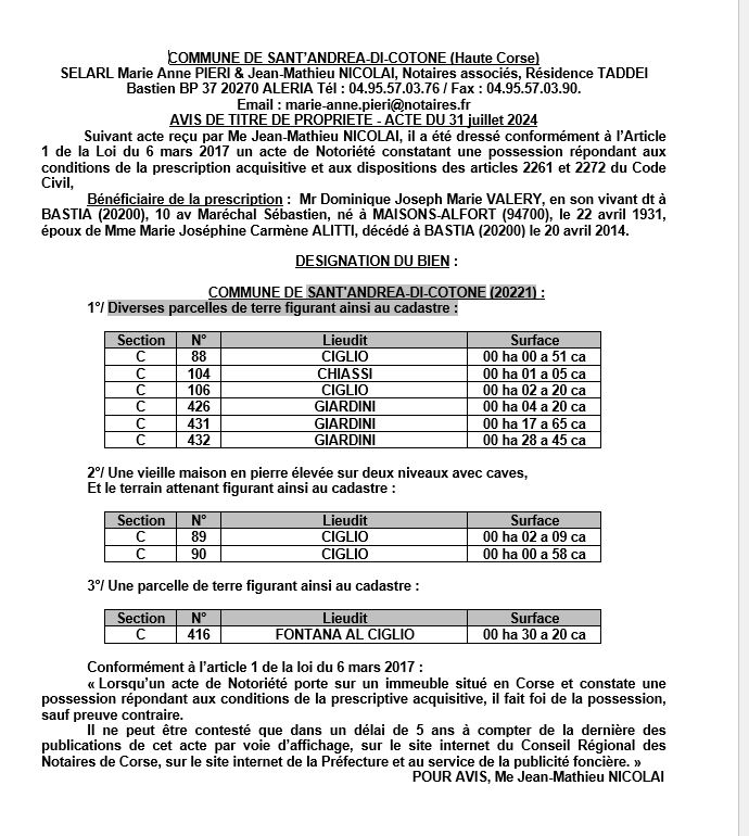 Avis de création de titre de propriété - Commune de Sant'Andria di u Cotone (Cismonte)