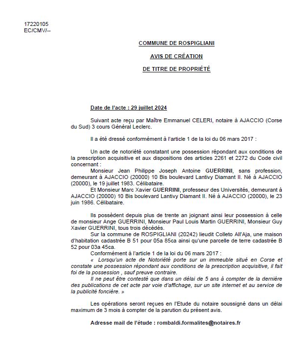 Avis de création de titre de propriété - Commune de Ruspigliani (Pumonti)