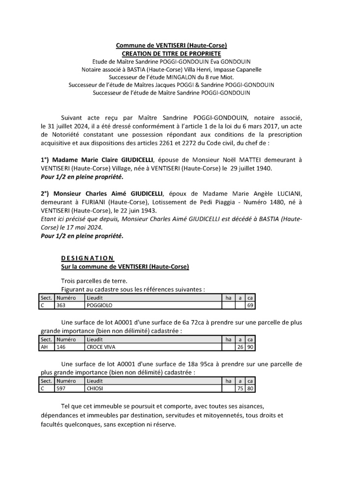 Avis de création de titre de propriété - Commune de Vintisari (Cismonte)