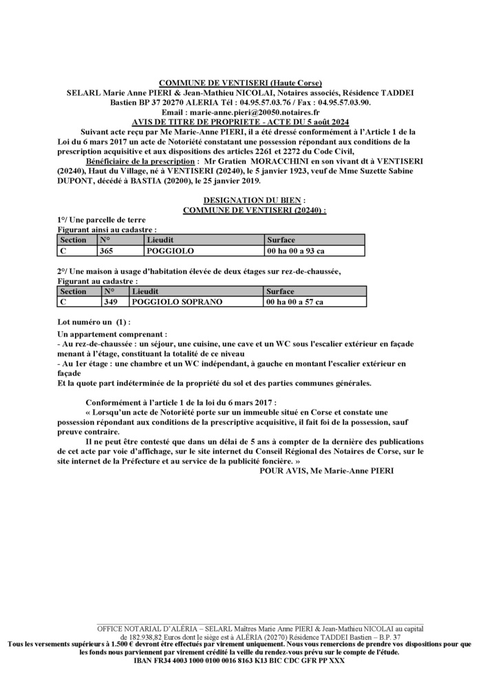 Avis de création de titre de propriété - Commune de Vintisari (Cismonte)