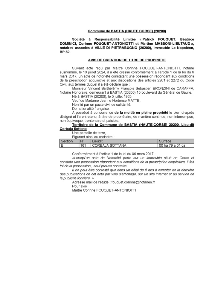 Avis de création de titre de propriété - Commune de Bastia (Cismonte)