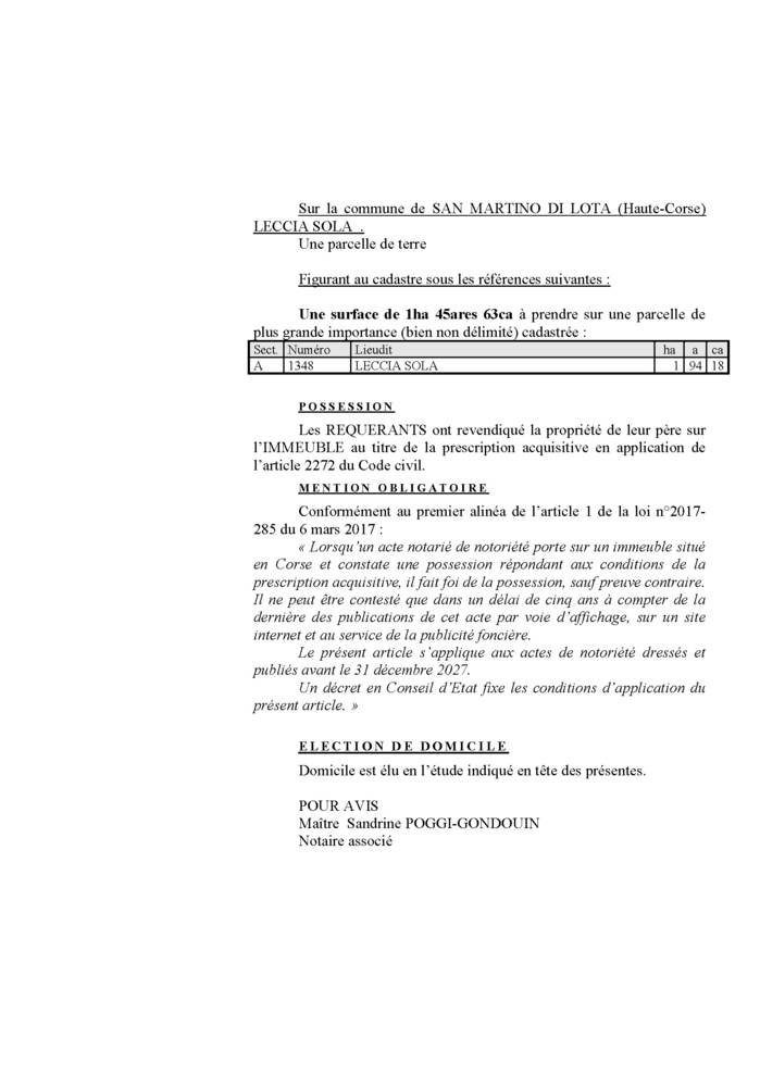 Avis de création de titre de propriété - Commune de San Martinu di Lota (Cismonte)