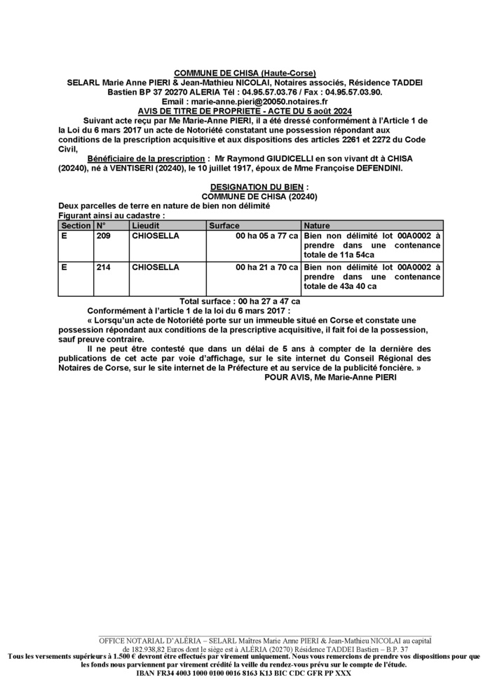 Avis de création de titre de propriété - Commune de Chisà (Cismonte)