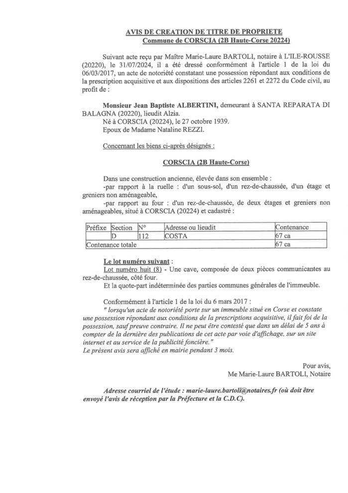 Avis de création de titre de propriété - Commune de Corscia (Cismonte)