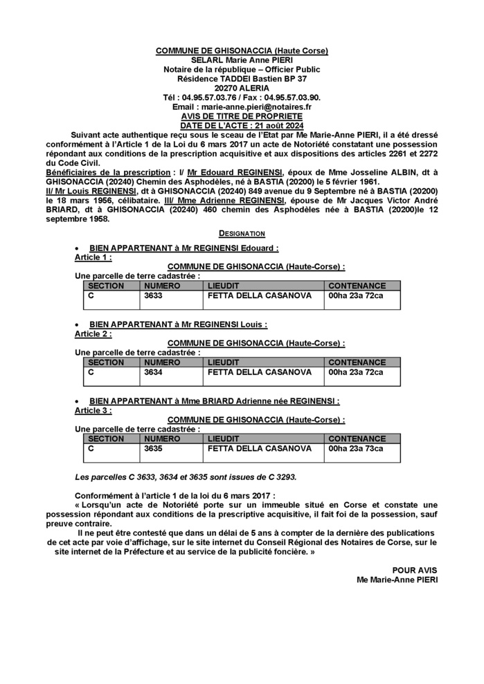 Avis de création de titre de propriété - Commune d'A Ghisunaccia (Cismonte)