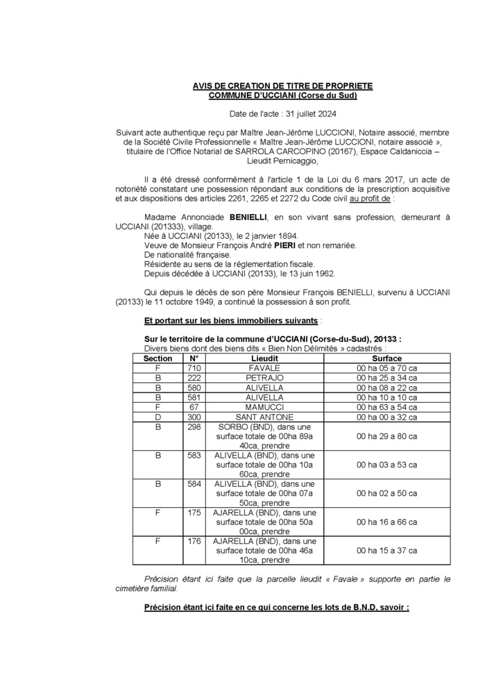 Avis de création de titre de propriété - Commune d'Aucciani (Pumonti)