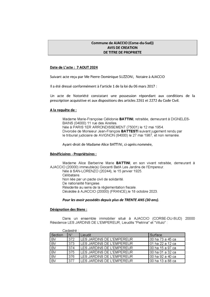 Avis de création de titre de propriété - Commune d'Aiacciu (Pumonti)