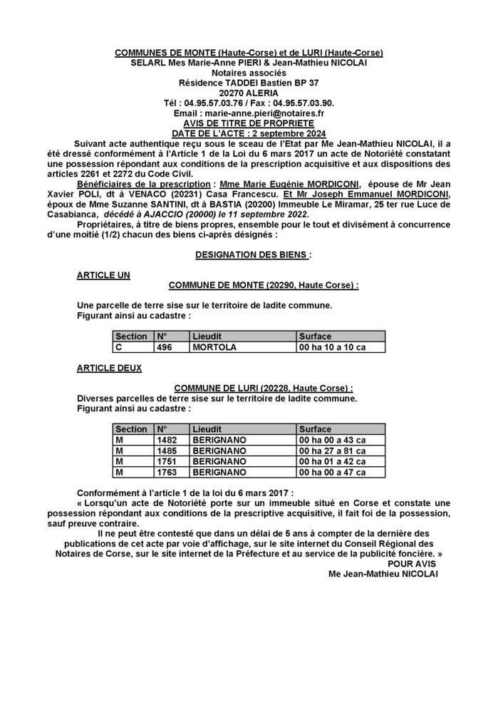 Avis de création de titre de propriété - Communes de Monte et Luri (Cismonte)