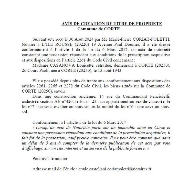 Avis de création de titre de propriété - Commune de Corti (Cismonte)