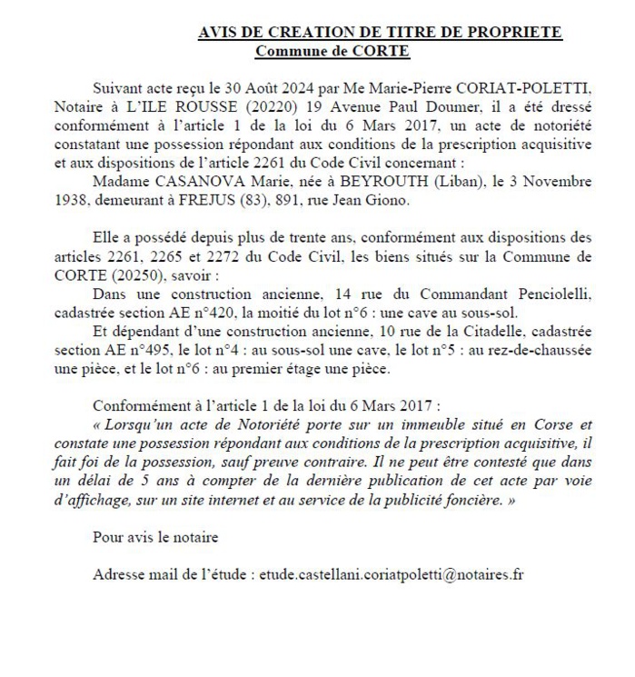 Avis de création de titre de propriété - Commune de Corti (Cismonte)