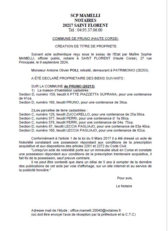 Avis de création de titre de propriété - Commune d'U Prunu (Cismonte)