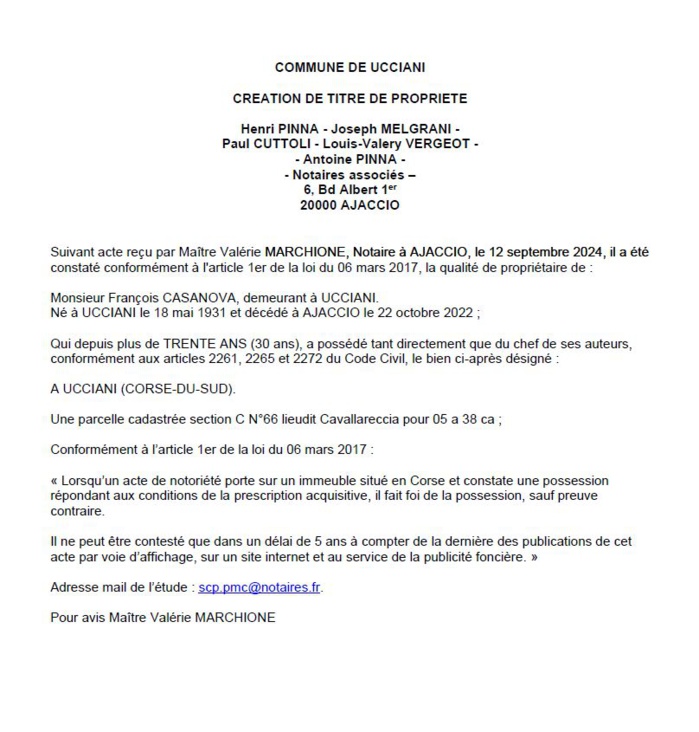 Avis de création de titre de propriété - Commune d'Aucciani (Pumonti)