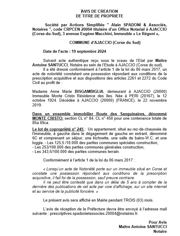 Avis de création de titre de propriété - Commune d'Aiacciu (Pumonti)