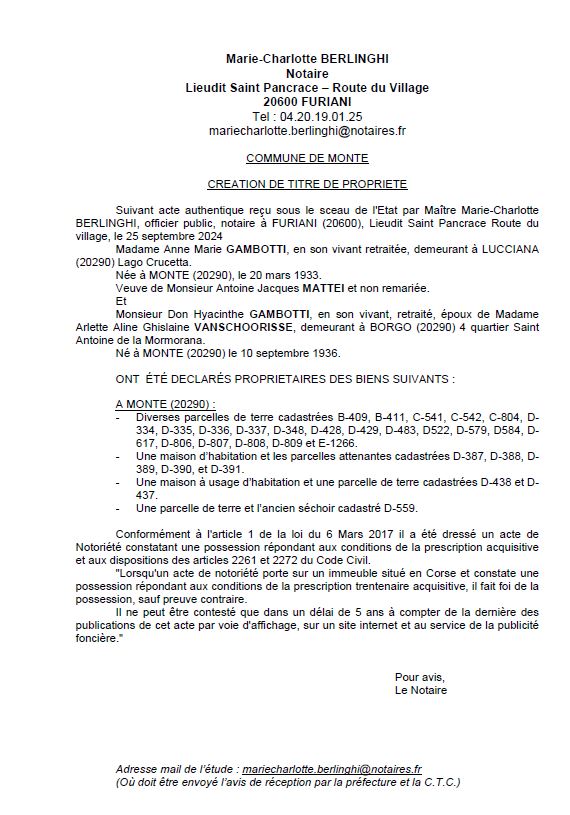 Avis de création de titre de propriété - Commune de Monte (Cismonte)