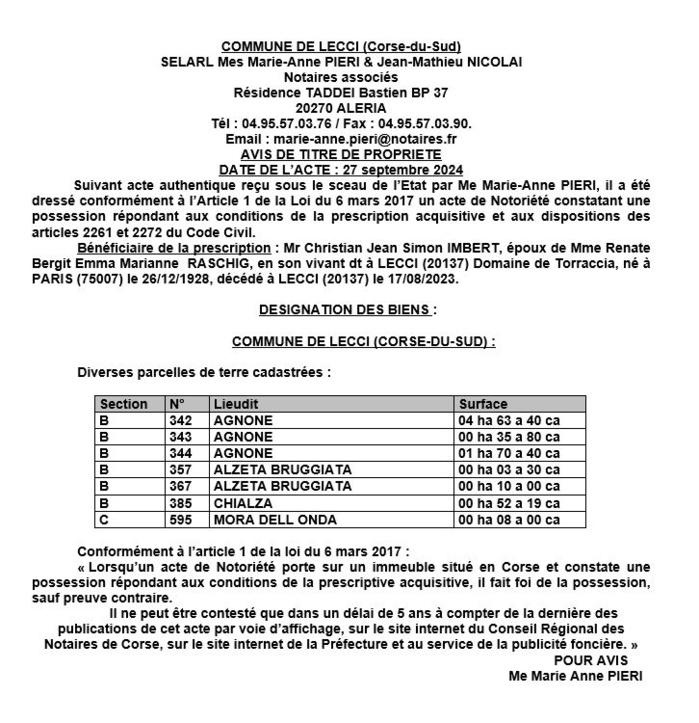 Avis de création de titre de propriété - Commune de Lecci (Pumonti)