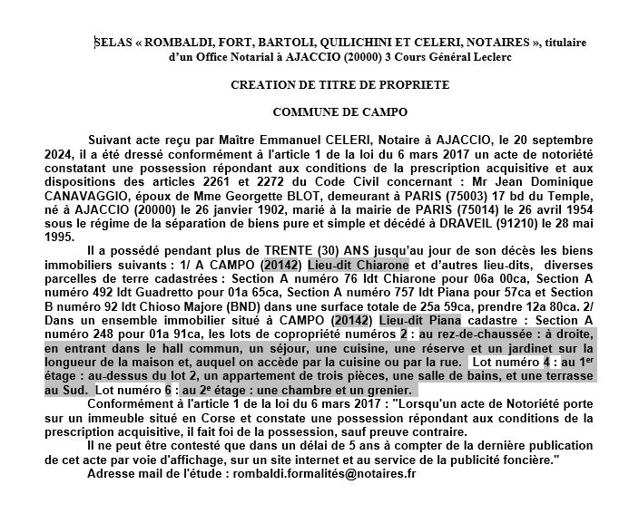 Avis de création de titre de propriété - Commune de Campu (Pumonti)