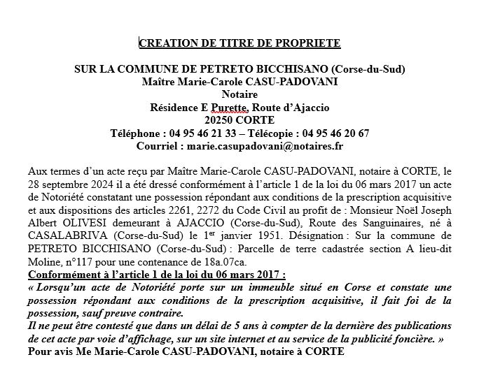 Avis de création de titre de propriété - Commune de Pitretu è Bicchisgià (Pumonti)