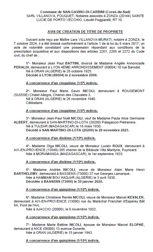 Avis de création de titre de propriété - Commune de San Gavinu di Carbini (Pumonti)