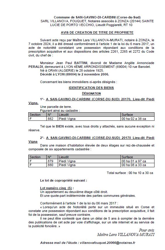 Avis de création de titre de propriété - Commune de San Gavinu di Carbini (Pumonti)