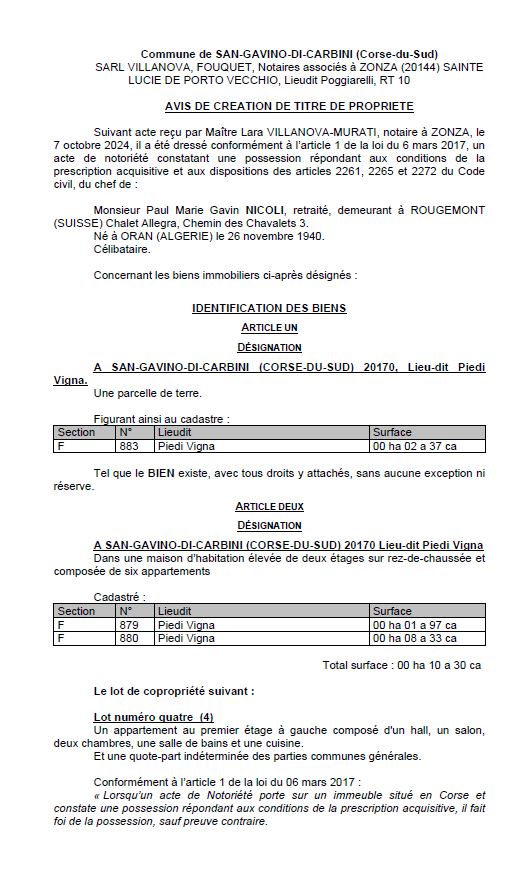 Avis de création de titre de propriété - Commune de San Gavinu di Carbini (Pumonti)