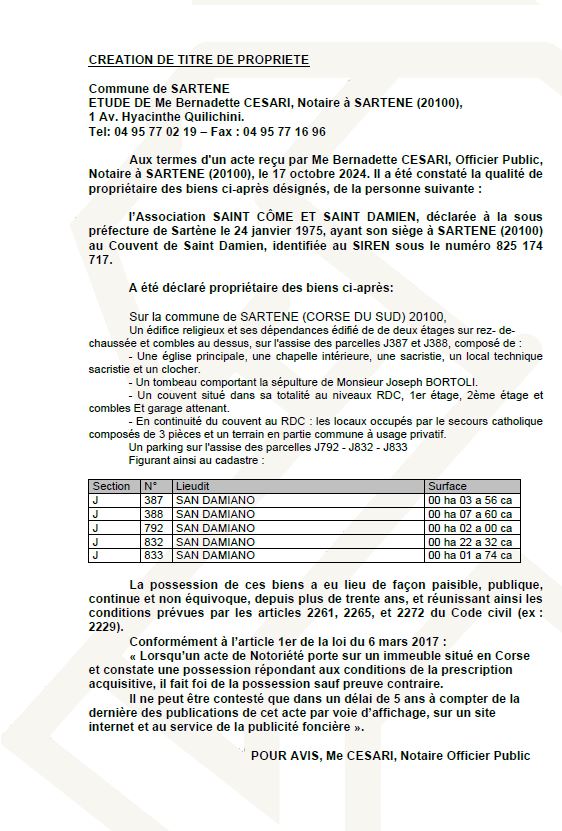 Avis de création de titre de propriété - Commune de Sartè (Pumonti)