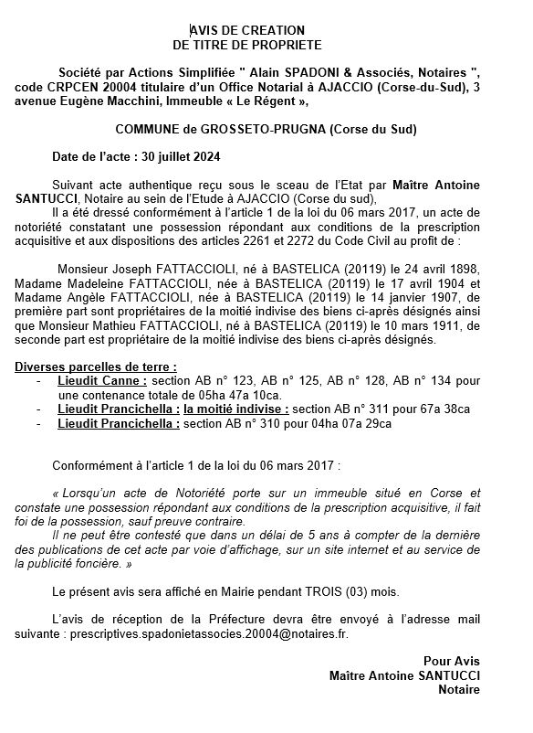 Avis de création de titre de propriété - Commune de Grussettu è Prugna (Pumonti)