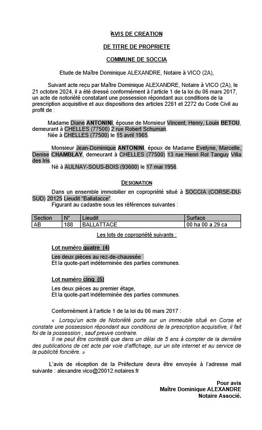 Avis de création de titre de propriété - Commune d'A Soccia (Pumonti)