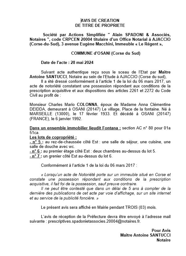 Avis de création de titre de propriété - Commune d'Osani (Pumonti)